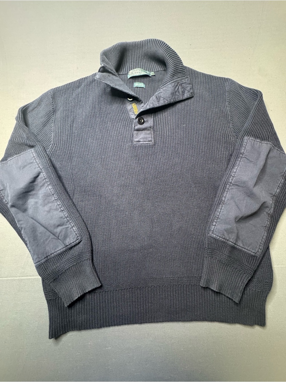 Polo Ralph Lauren Henley Sweater Blue Ribbed Elbow Patch Cotton Pullover Men L